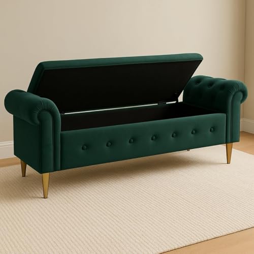 Image of Upholstered Storage Bench, Sofa Bench, Sofa couches, Ottoman Bench 2 Seater Sofa Chaise Lounger Pouffe for Living Room, Bedroom, Office | (Forest Green)