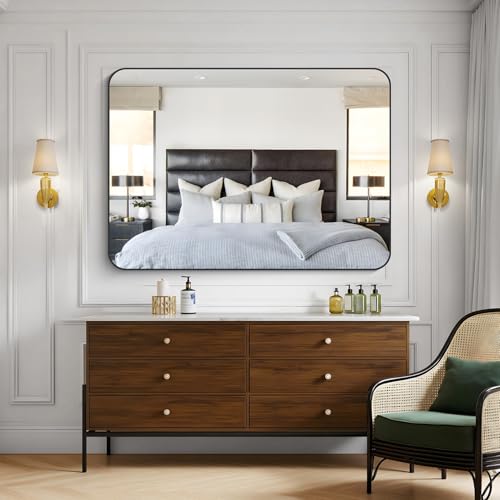 Image of KOCUUY Bathroom Mirror, 36 inchx48 inch Black Rectangle Vanity Mirror, Black Metal Frame Mirror with Rounded Corner for Bathroom, Bedroom, Living Room, Entryway