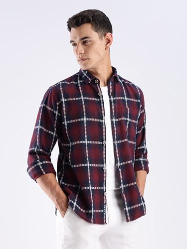 Image of TURMS Men's Casual Checks Shirts, Odor Control, Moisture Wicking, Button Down Collar, Cool Tech Cotton Fabric, Tailored Fit, Full Sleeve