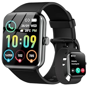 IOWODO Smart Watch(Answer/Make Call), 1.85″ Smartwatch for Men Women, 100+ Sport Modes, Pedometer, IP68 Waterproof Fitness Tracker, Heart Rate/Sleep Monitor, Smart Watches for Android & iOS (2 Straps)