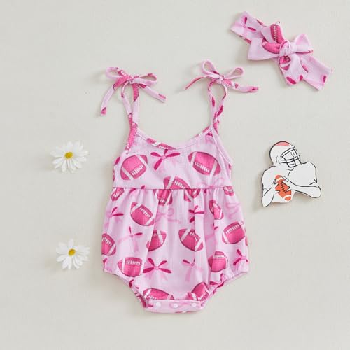 FYBITBO Summer Newborn Baby Clothes For Girls Cute Strap Romper Halter Jumpsuit Bodysuit Sleeveless Outfits Infant Clothing (Bow Football Print-Pink, 6-12 Months)2