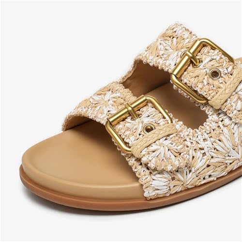 Women's Straw Metal Buckle Slippers - Bohemian Plant Pattern Beach Flats4