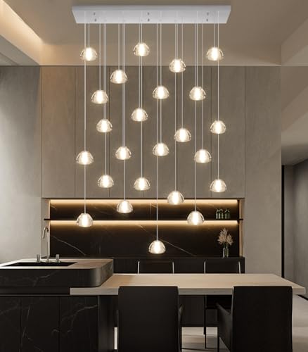 Image of 24-Lights Modern Rectangular Crystal Chandelier LED Raindrop Ceiling Pendant Light Crystal Lighting Fixture for Living Room Hotel Staircase Hallway Foyer Entryway Bedroom Silver