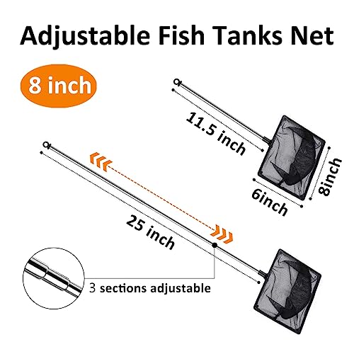 Image of Aquarium Fish Net, 8 Inch Fine Mesh Fish Tank with Extendable 9-24 inch Long Handle