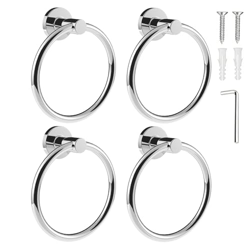 Image of SetSail Towel Holder for Bathroom Wall 4 Packs Towel Ring Stainless Steel Heavy Duty Hand Towel Hanger for Bathroom Screw-in, Mirror Silver
