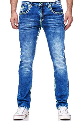 Dicke Naht Herren Jeans Hose 'Levin' Länge 32 + 34 Jeanshose Kontrastnaht Neon Grün Schwarz Blau Stretchdenim Streetwear Regular FIT, Hosengröße:32W / 34L, Denim Color:7444-2