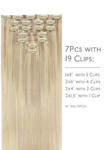 Image of WENNALIFE Seamless Clip In Hair Extensions, 18 Inch 7pcs 130g Ombre Ash Blonde to Golden Blonde Balayage Platinum Blonde Hair Extensions Clip In Invisible PU Weft Real Human Hair Extensions Clip In