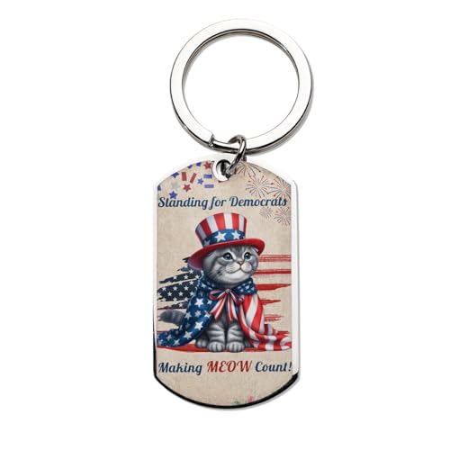 Ninety3POD Democratic Scottish Fold Cat Making Meow Count Election 2024 Stainless Steel Keychain Cat Lover Kitten Owner Gifts Idea Collar Charm Tag Keyring - 001