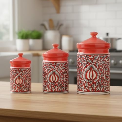 Image of Caffeine Ceramic Stonwear Handmade Red Mughal Barni /Pickle Jar (Set of 3)