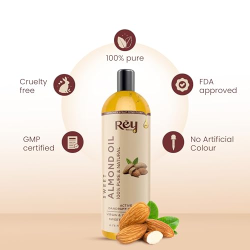 Rey Naturals Cold Pressed Sweet Almond Oil For Skin & Hair Growth - 200ml | Pure Almond Oil For Skin Face Massage | Rich In Vitamin-E | Badam Oil For Soft, Shiny & Dandruff Free Hair