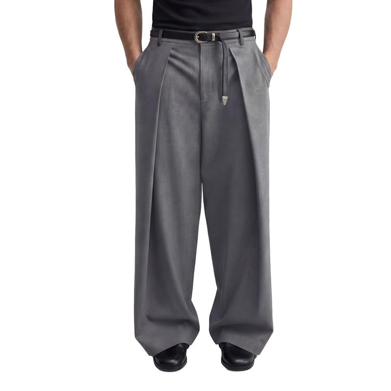 fugazee 100% Cotton Grey Pleated Tailored Trousers | Straight Relaxed Fit-picture-44