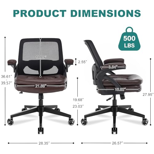 Image of Big and Tall Office Chair, 500lbs Mesh Heavy Duty Ergonomic Desk Chair with Flip-up Armrests, Plus Size Wide Seat in PU Leather, 360 Swivel Computer Executive Task Chair for Home Office (Brown)