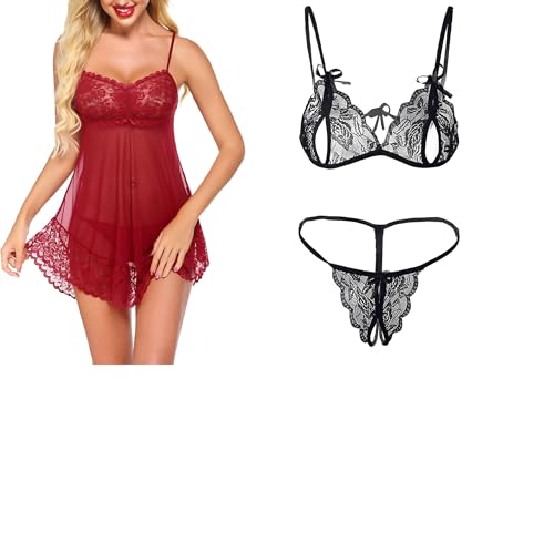 Image of SSoShHub Lace Babydoll Lingerie Sexy Mini Chemise Mesh Wedding Nightie Bridal Nightdress with Bikini