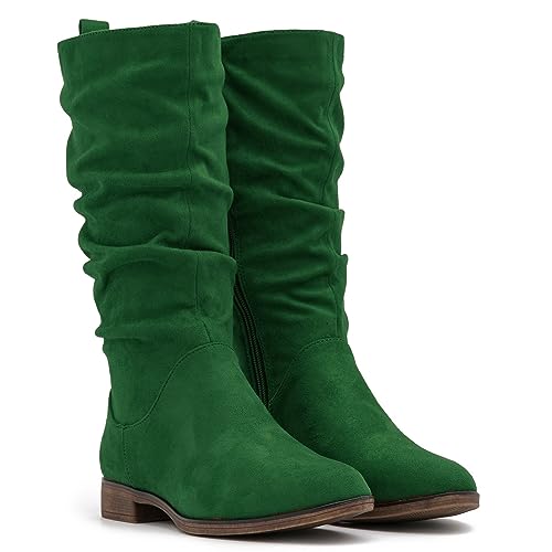 MOOMMO Women Mid Calf Slouch Boots Suede Calf High Boots Flats Flat Heel Long Boots Wide Calf Side Zipper Winter Boots Round Toe Flat Boots Retro Cute Casual Comfy Winter 4-13 M US