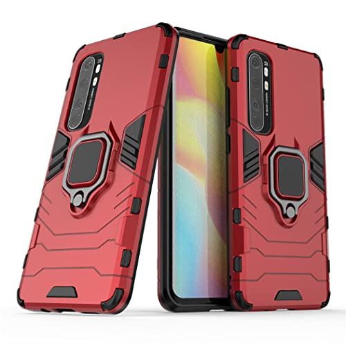 Compatible con Xiaomi Mi Note 10 Lite Funda, Anillo Metálico Sujeción Soporte Antichoque Caja (Funciona con el Montaje de Coche Magnético) Doble Capa Case Carcasa (Rojo)