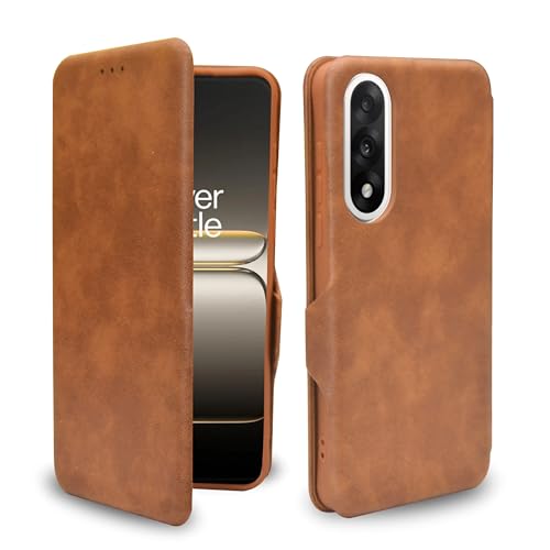 Image of Premium Vegan Leather Phone Cover with Card Slot - Slim, Durable, Privacy Protection, Kickstand Function, Elegant Flip Wallet Cases Compatible for OnePlus Nord 5 5G (Brown)