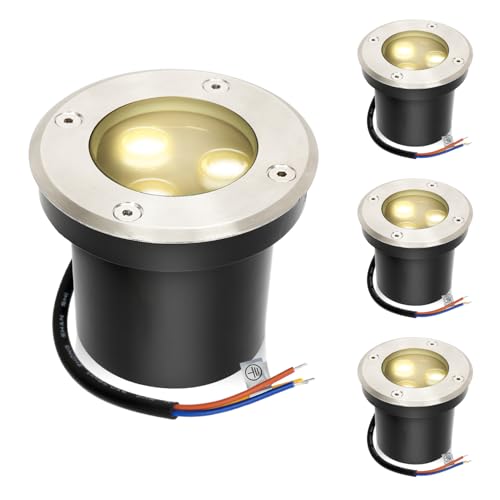 Fiqops 4er Set bodeneinbaustrahler aussen mit LED 3W Warmweiß Lich Bodenstrahler außen IP65,Schwarz matt rund,Bodenleuchten befahrbar...
