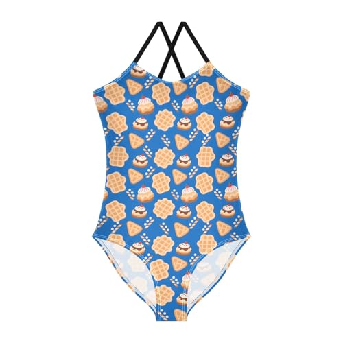 senya Girls Swimsuits One-Piece Swimwear Tie Bathing Suit Beach Summer Round Neck 5-6T Waffles Ice Cream Pattern