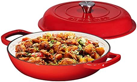 Bruntmor 3.8 Quart Enamel Cast Iron Dutch Oven With Handles And Lid, 3.8 Qt Gradient Red Cast Iron Skillet, Enamel Shallow Cookware Braising Pan For Casserole Dish, Crock Pot Covered With Cast Iron
