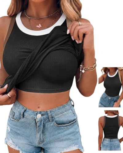 Image of CHICME Womens Sleeveless Ribbed Built in Bra Tank Tops | Color-Block, Crewneck Padded Racerback Shirts, Slim Fit, High Stretch Fabric, Casual Basic Tank for Going Out & Layering