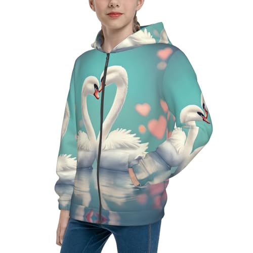 The swan in love Print Girls Athletic Zip Up Hoodies,Sweatshirts with Pockets Long Sleeve Hooded Jackets, for 7-18 Y