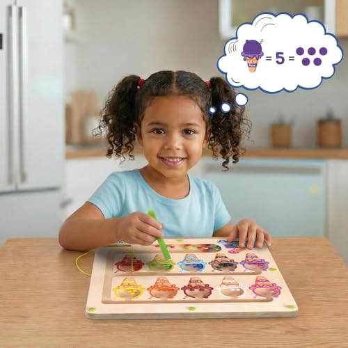 Image of Spartan Kids 3 in 1 Ice Cream Magnetic Puzzle Board for Kids, Wooden Magnetic Maze Learning Toy, Magnetic Color Sorting Board for Toddler Counting and Colour Recognition