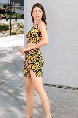Image of POPWINGS Casual Printed Backless Crop Top & Mini Slit Skirt Co-Ords Set for Women | Summer Wear | Stylish Western Two Piece