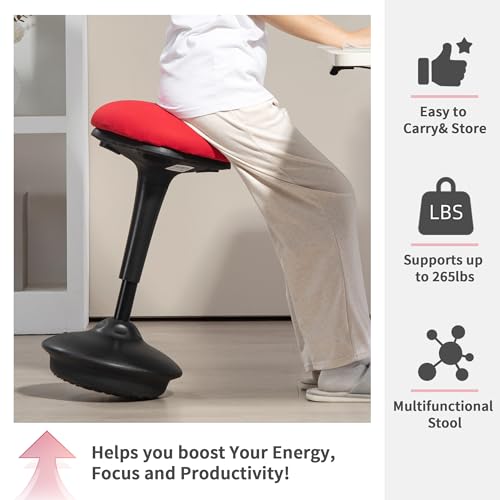 Image of HOMCOM Backless Wobble Stool Chair, Standing Desk Chair, Adjustable Active Ergonomic Learning Stool for Office Desks, with Rocking Motion, Padded, Red