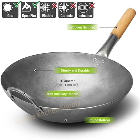 SUNRISE Kitchen Supply 1.8 mm Thickness Heavy Duty Hand Hammered Carbon Steel Wok 14 inch, Round Bottom - Thumbnail 5