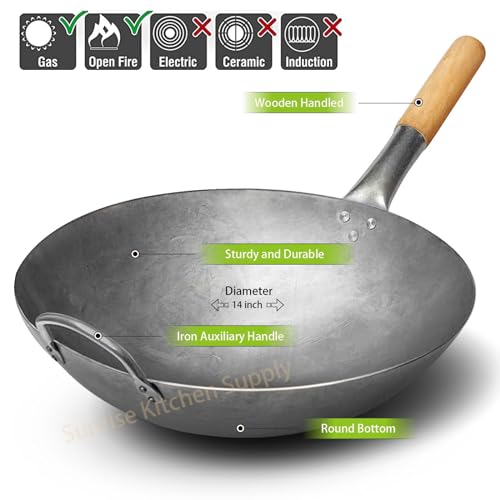Image of Sunrise 1.8 mm Thickness Heavy Duty Hand Hammered Carbon Steel Wok 14 inch, Round Bottom