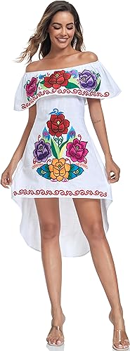 Image of YZXDORWJ Women's Mexican Asymmetrical Dress Embroidered Floral Off-Shoulder Cocktail Latina Fiesta Dress