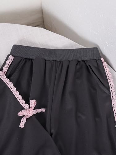 SHENHE Girl's Sweatsuit Set 2 Piece Outfits Bow Lace Crewneck Sweatshirt and Loose Sweatpants Tracksuit4