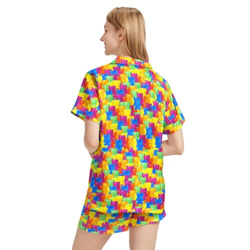 Image of Funny Pajamas for Women Set Print Satin Loungewear Pjs Short Sleeve Button Down Top and Shorts Sets Sleepwear XS-3XL