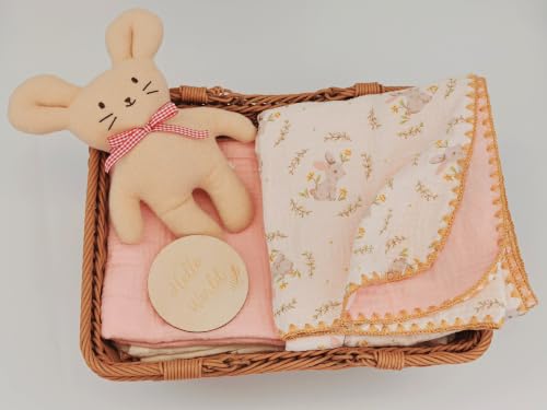 Image of Double Layered 100% Cotton Muslin Baby Blanket Ultra-Soft 40x40 Inch Swaddling Nursery Crib Blanket (Garden Bunny)