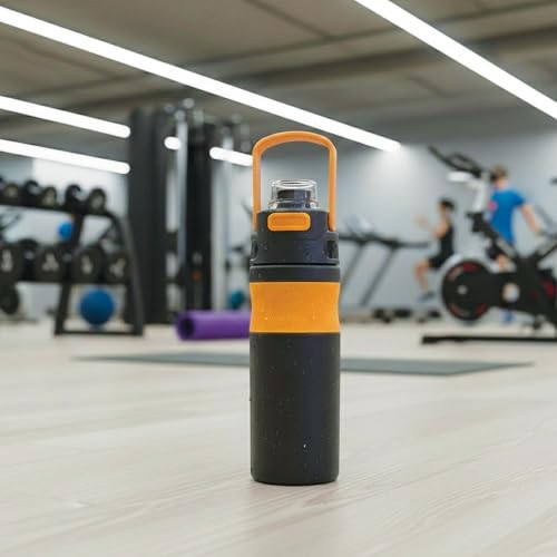 Image of 600ml Insulated Water Bottle with Straw - Premium SUS 316 Stainless Steel Sport Flask - Insulated Hot & Cold, Leak-Proof One-Click Flip Top - Gym & Travel Bottle (Midnight Gold)