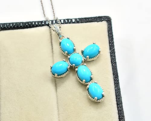 Natural Sleeping Beauty Turquoise 7X5 MM Oval Round Gemstone 925 Sterling Silver Holy Cross Pendant Necklace December Birthstone Turquoise Jewelry Proposal Necklace Gift Girlfriend (PD-8458)3