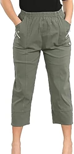 Cherry Berry Capri 3/4 Trousers – Ladies Elasticated Cotton Stretch Cropped Bottom Pants – Comfortable Plus Size 10-24 – Summer Casual Lightweight Pants with Pockets (18, Khaki)