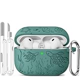 for AirPods Pro 3 Case 2025 with Cleaner Kit, Cute Turtle Engraved Soft Silicone Protective Case Cover Compatible with Apple AirPods Pro 3rd Generation for Women Men with Keychain, Pine Green