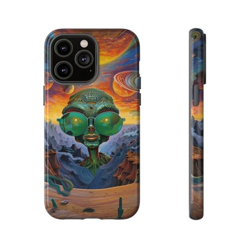 Coque brillante iPhone 14 Pro Max alien vert au design psychédélique et texture rigide