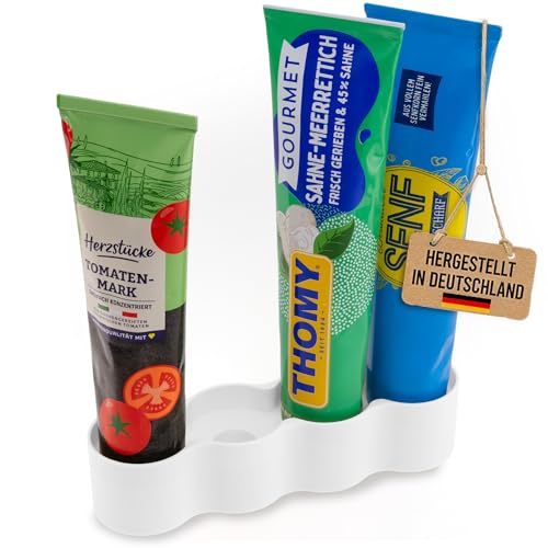 Luminick Tubenhalter, Tubenständer, Kühlschrank Organizer weiß für 4 Tuben, für Senf, Mayo, Tomatenmark etc., Ordnung, Hygiene und Sichtbarkeit, Halterung für Standardtuben