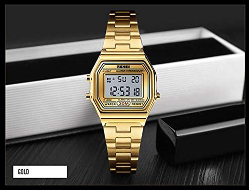 Digital Watch Womens Thin Gold Stainless Steel Watch Backlight Timer Waterproof Alarm Clock LED Sports Watch (Gold)3