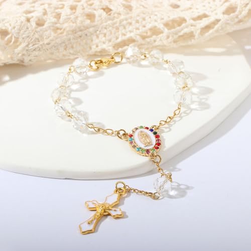 Image of Car Mirror Hanging Accessories,Cross Rosary for Car Mirror Hanging,Catholic Religious Gifts for Women Men,Wedding Favors Baptism Gifts for Guest (White)