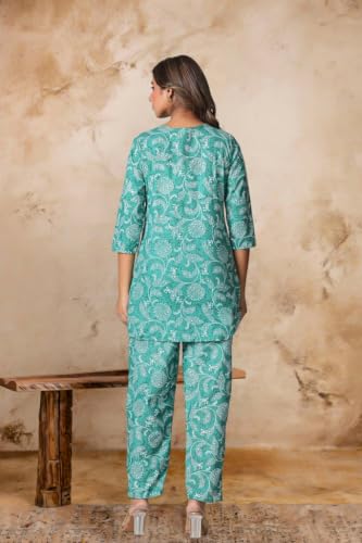 Image of Women's Pure Cotton Printed Night Suit,Top and Relaxed Pajama Set, Stylish Sleepwear, Casual Wear