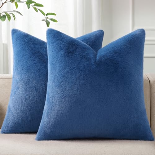Pallene Faux Fur Plush Throw Pillow Covers 20x20 Set of 2, Soft Fluffy Couch Pillow Covers for Living Room, Navy Blue