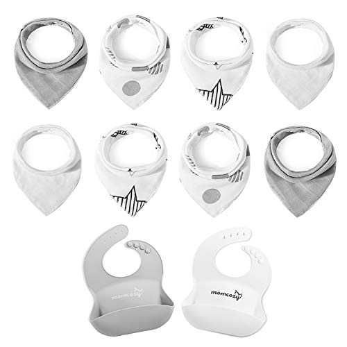 Momcozy Bavoir Bébé Bandana Lot de 10, Lot de 8 Bavoirs Bandana en Bambou, Super Doux et Absorbants, Lot de 2 Bavoir Silicone Imperméables avec Récupérateur, qui est Facilement Lavable, Unisexe