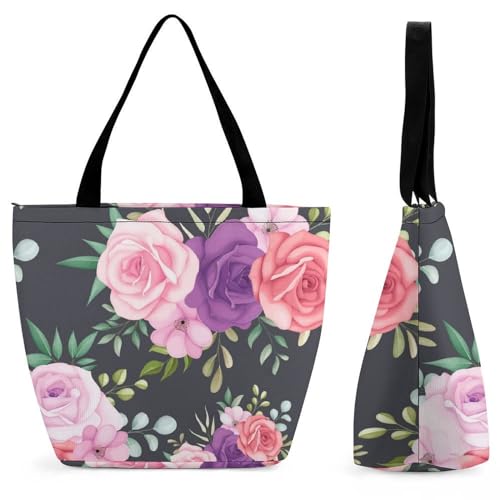 Sac à main pour femme fleur violette rose design raffiné grand cabas chic