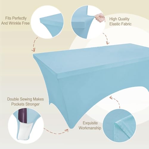 Image of FOLINS&HOME 2 Pack Baby Blue 4ft Fitted Spandex Water Resistant Tablecloth | Washable Elastic Rectangle Table Cover for 4 Foot Folding Tables, Stretch Table Cloth for Weddings, Banquets, Parties (2 Pcs)