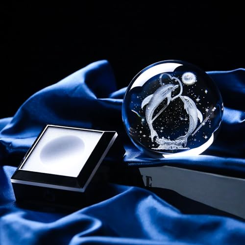 Image of 3D Crystal Ball Dolphin Gifts for Women Men Adults Snow Globe Ornament with LED Base Night Light, Laser Etched Unique Dolphins Figurine Desk Decor Gifts for Couples Nature Lovers