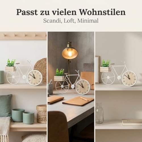 MIJOMA Zegar stołowy na rower 34 x 24 cm – metalowa rama z drewnianym pudełkiem i rośliną dekoracyjną – analogowy cyferblat zasilany bateriami – do salonu, regału biurowego (kolor biały)
