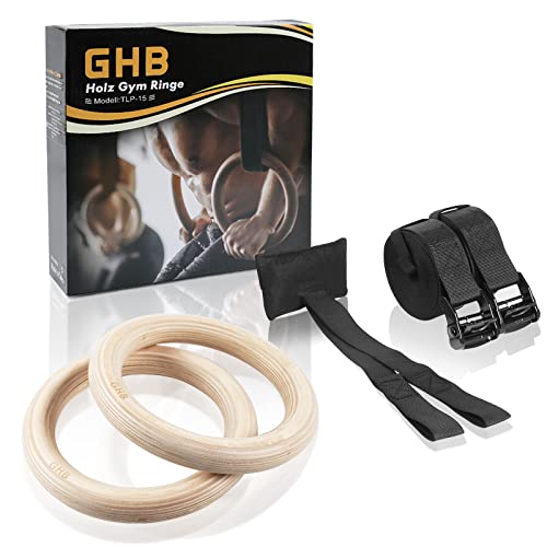 GHB Anillos de gimnasia de madera con correas ajustables para entrenamiento físico, 32 mm